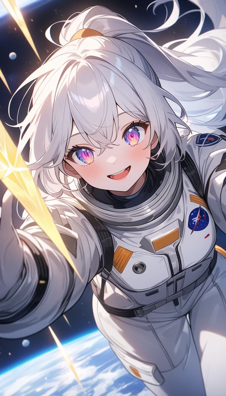 (highest quality、masterpiece、High resolution、detailed)､(Shining eyes、detailed美しい顔)､Beautiful ponytail anime girl, ,(space flight士), space helmet、Beautiful anime in space suits, outer space, white haired god, exquisite details.space flight, anime 4k  、dynamic angle、beautiful anime、space travel、smile