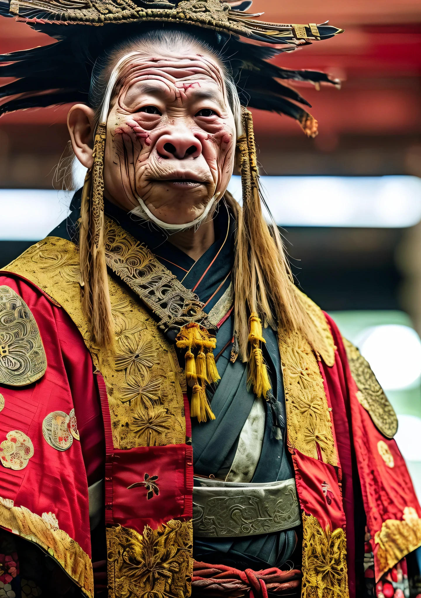 escote de primer plano：Hombre Cerdo guerrero de sangre mixta foto，8K，Leyenda de Zhu Bajie，Hay cicatrices en la cara.，((kimono japonés)),Expresiones de ira,Picar en la mano，calidad superior, luz, gesto amenazante, mirada feroz, atmósfera épica,, (((tiro de cuerpo completo))), ((detalles intrincados)), Zona comercial japonesa, ((detalles intrincados, ultra detallado)), lampara incandescente, filmación de película, Viñeta, Fondo efecto bokeh, (tiro de cuerpo completo).