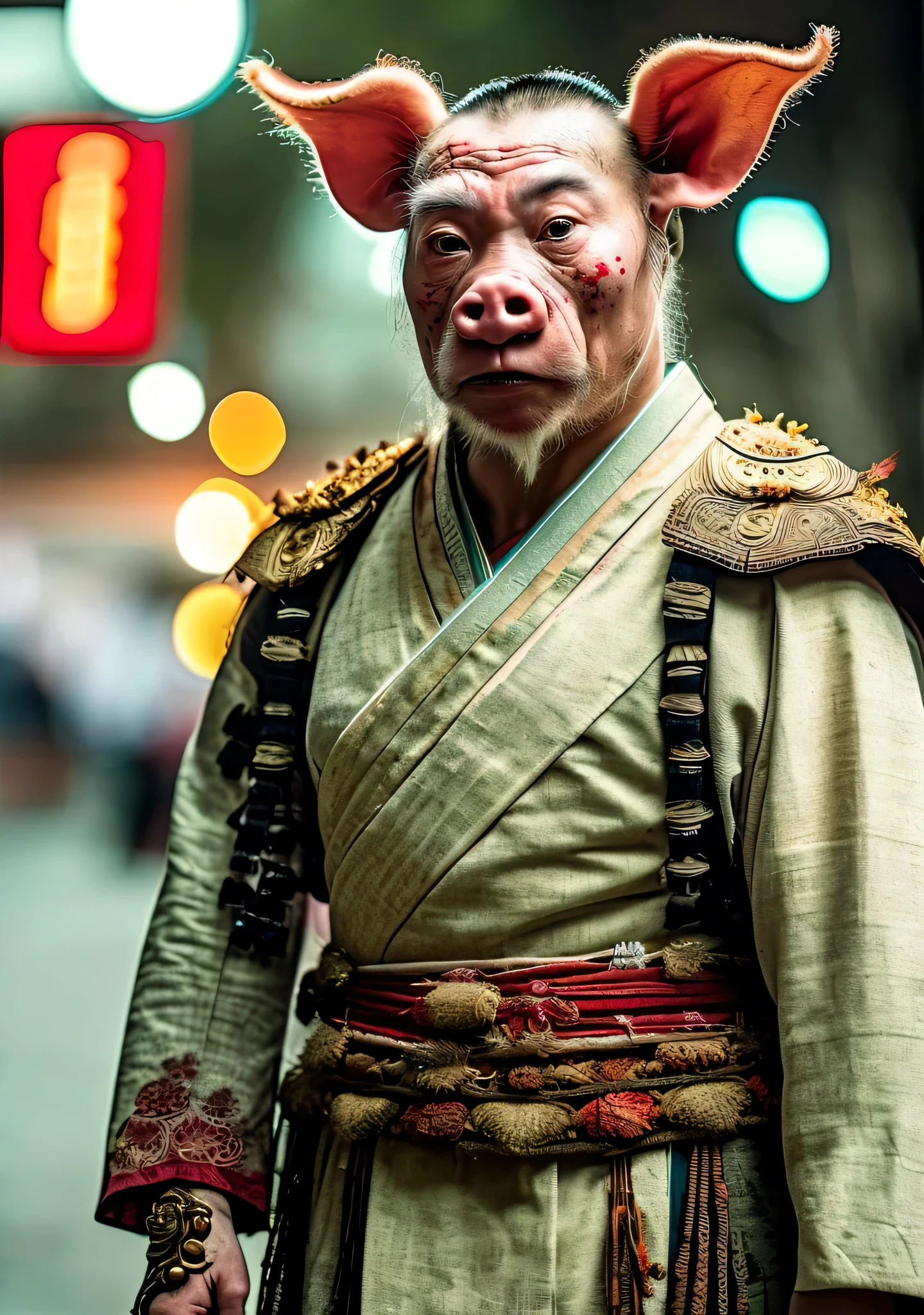 Close-up cleavage：Pig Man mixed blood warrior photo，8K，Legend of Zhu Bajie，There are scars on the face，((Japanese kimono)),Expressions of anger,Chop on the hand，top quality, light, threatening gesture, fierce look, epic atmosphere,, (((full-body shot))), ((intricate details)), Japanese Trade Zone, ((intricate details, Ultra-detailed)), incandescent lamp, movie shot, vignette, Bokeh effect background, (full-body shot).