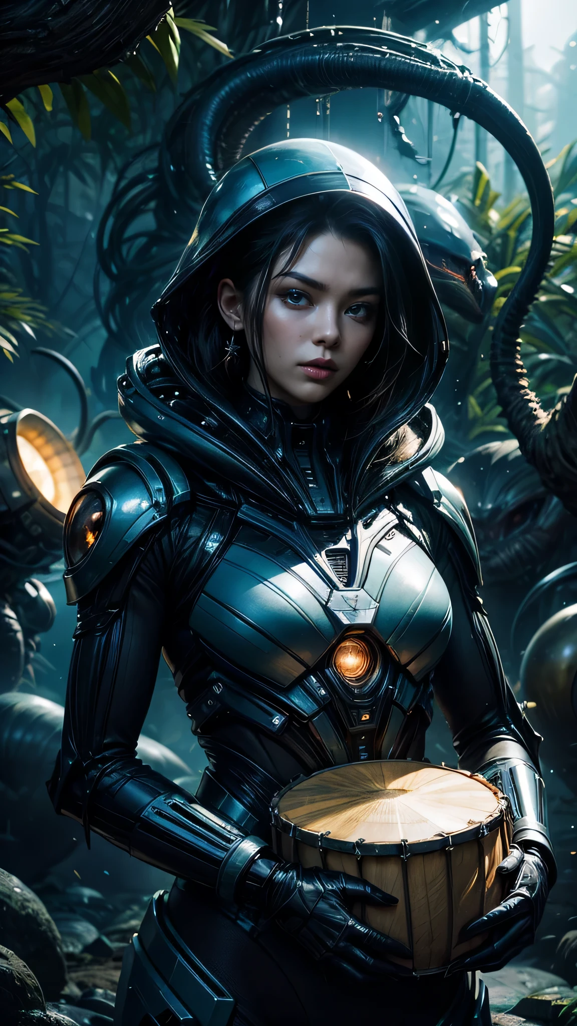 1 alien warrior woman, upper body, single focus, enigmatic beauty, Alpha Centauri battle suit, photon cannon, (alien jungle planet backdrop: 1.4), (alien war drumbeats: 1.3), enigmatic features, exotic aura, [depth of field, ambient lighting, alien flora and fauna foreground, otherworldly ambiance], Centaurian Starblade, drumbeats echo, exotic presence, (alien wildlife calls), (rumbling alien thunder: 1.2), intricate details, enhanced lighting.