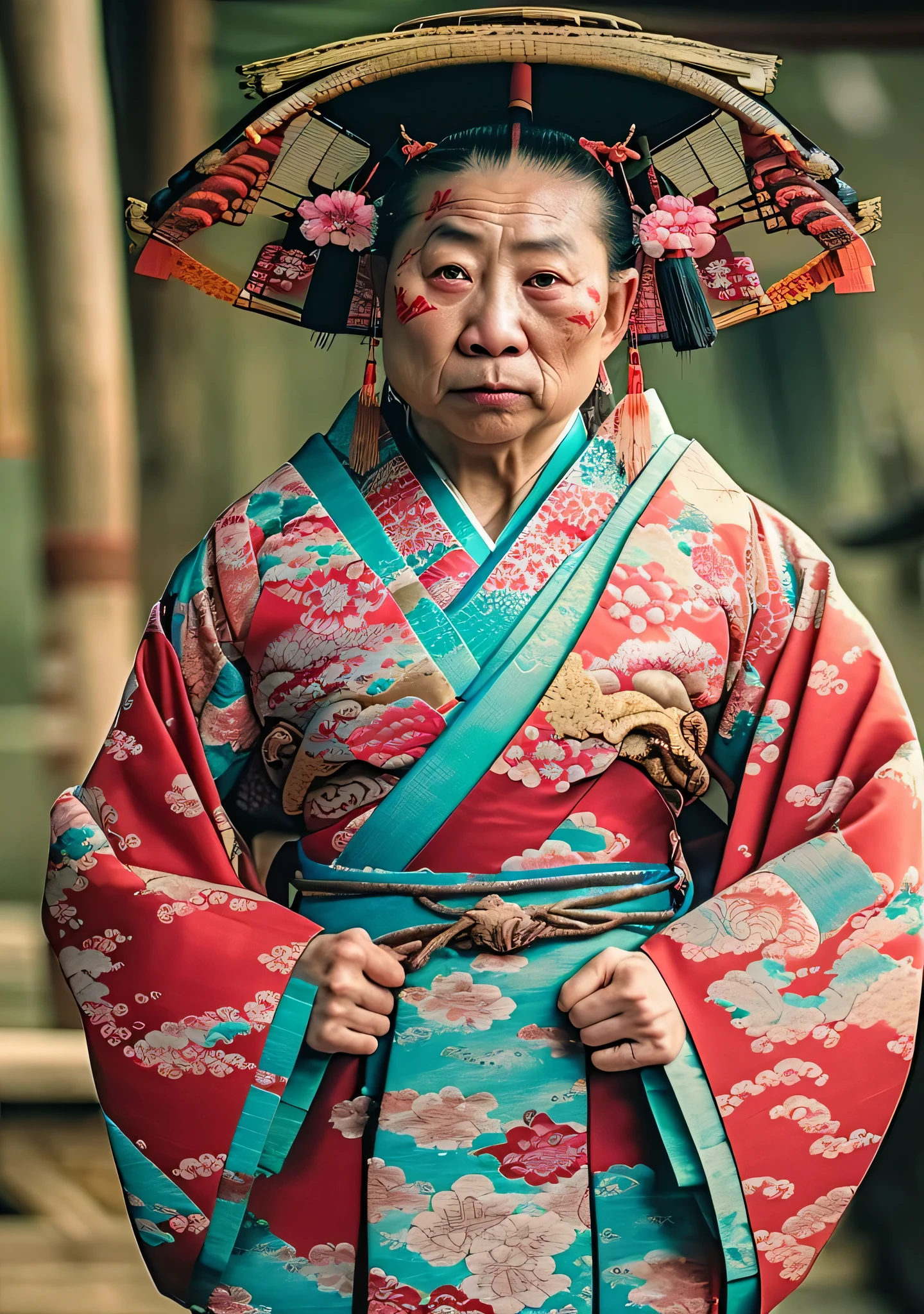 Close-up cleavage：Pig Man mixed blood warrior photo，8K，Legend of Zhu Bajie，There are scars on the face，((Japanese kimono:1.5)),Expressions of anger,Chop on the hand，top quality, light, threatening gesture, fierce look, epic atmosphere,, (((full-body shot))), ((intricate details)), Japanese Trade Zone, ((intricate details, Ultra-detailed)), incandescent lamp, movie shot, vignette, Bokeh effect background, (full-body shot).