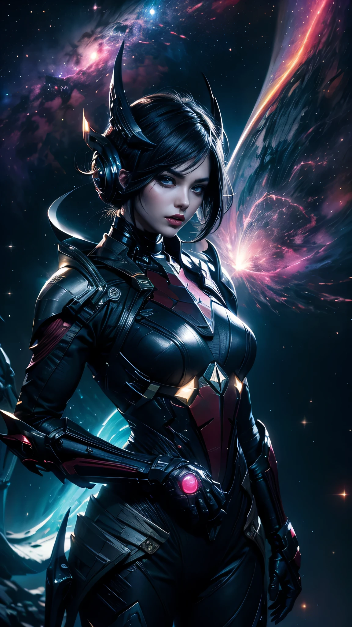 1 mujer guerrera alienígena, Parte superior del cuerpo, enfoque único, belleza enigmática, Andromedan warframe, guanteletes de plasma, (fondo de nebulosa vista: 1.4), (himnos de batalla andromedanos: 1.3), Características enigmáticas, aura cósmica, [profundidad de campo, iluminación ambiental, gases de nebulosa arremolinados en primer plano, ambiente etéreo], Andromedan Nova, himnos resuenan, presencia cósmica, (luces de nebulosa pulsantes), (susurros celestiales: 1.2), detalles intrincados, iluminación mejorada.