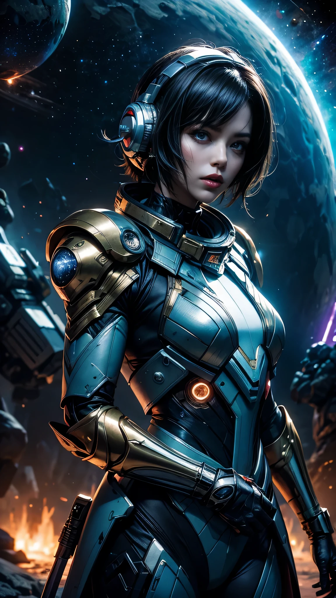 1 alien warrior woman, upper body, single focus, enigmatic beauty, Galactic Federation battle armor, ion blaster, (deep space battlefield backdrop: 1.4), (intergalactic battle cries: 1.3), enigmatic features, stellar aura, [depth of field, ambient lighting, drifting asteroids foreground, cosmic conflict ambiance], Galactic Sentinel, battle cries echo, stellar presence, (energy weapon discharges), (cosmic radiation crackles: 1.2), intricate details, enhanced lighting.

