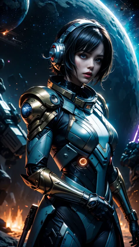 1 alien warrior woman, upper body, single focus, enigmatic beauty, Galactic Federation battle armor, ion blaster, (deep space ba...