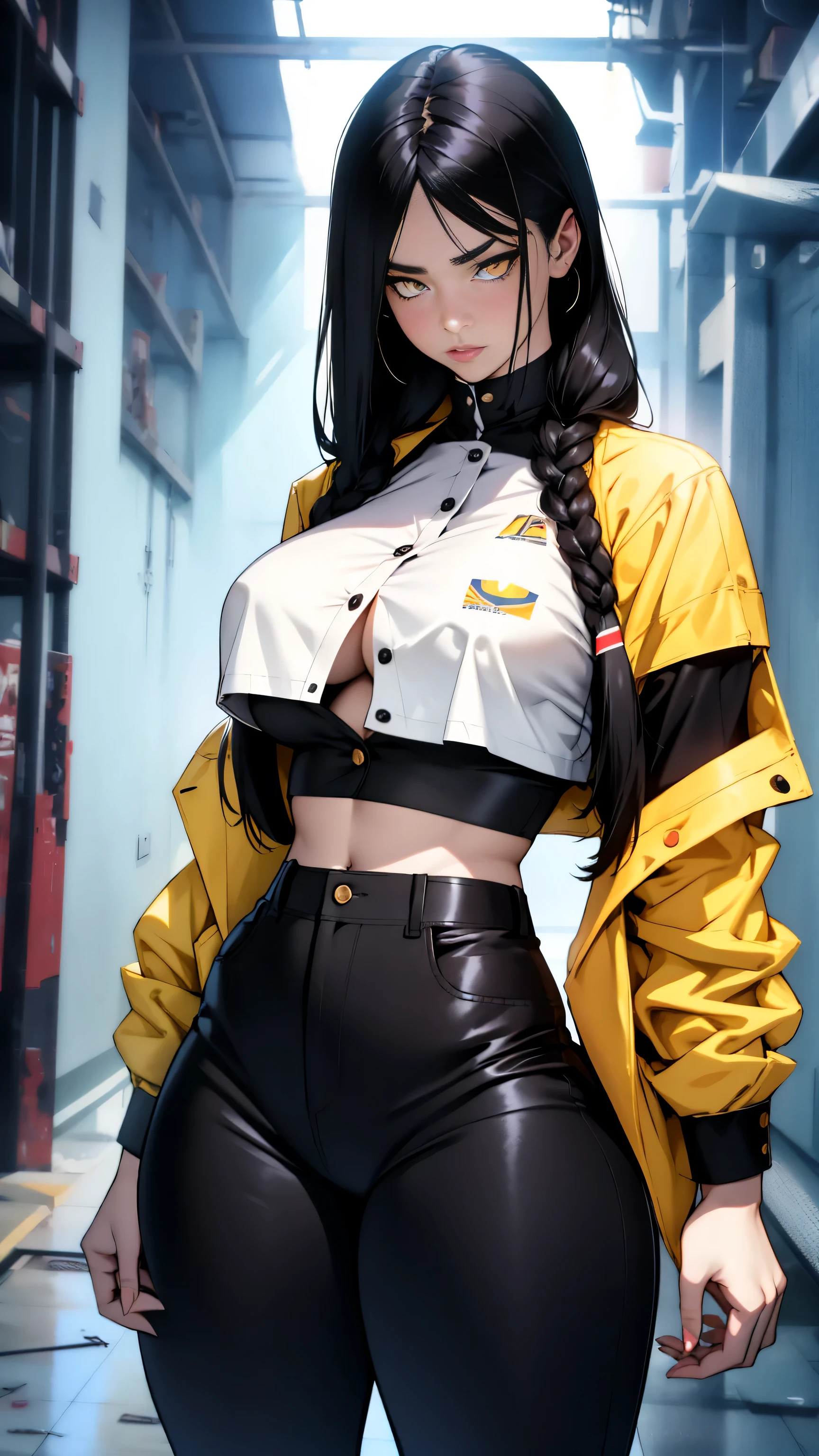 black hair, extremely long hair, yellow eyes, pale skin, muscular, large DD breasts, thick thighs, mad, Teachers uniform, 1 waifu woman, crop top shirt, shirt knotted from bottom, open shirt, no bra, flat stomach, busty, pouty lips, 