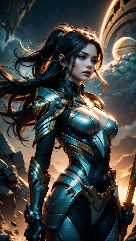 1 alien warrior woman, upper body, single focus, enigmatic beauty, Jupiterian stormguard exosuit, thunder hammer, (tempestuous J...