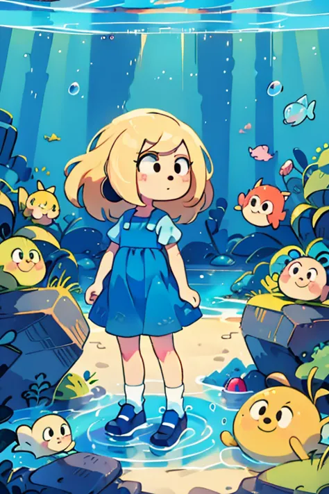 1girl,blue dog ears blue dress white socks black shoes black eyes blonde hair  blue bow underwater