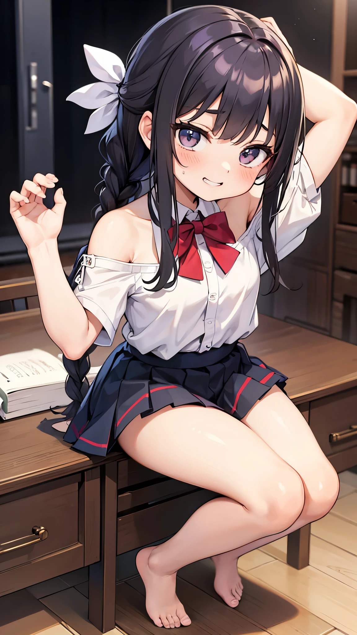 Anime girl sitting on a table with her legs crossed - SeaArt AI