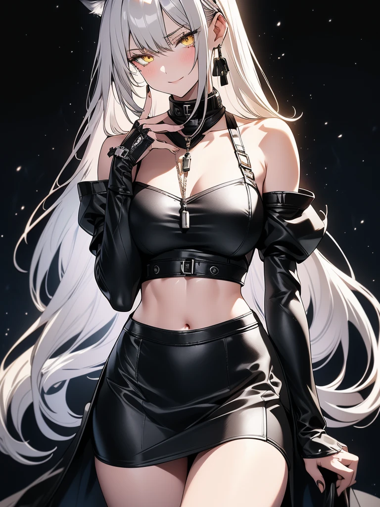 8K, Full body portrait, single young woman, especially detailed face, masterpiece, wallpaper, highlydetailed face, ultra-detailed face, beautiful and aesthetic wolf tailed girl, athletic body, pale white skin, big breasts, curvy, long hair, gray-silver hair, a young cute wolf ypung woman, wolf ears, cute wolf tail, long wolf tail, fluffy wolf tail, wolf-like irises, beautiful, enchanting, bright yellow eyes, detailed eyes, ultra-detailed eyes, accurate eyes, detailed irises, correct body proportions, elegant, small vertical scar under right eye, small rosy lips, big breasts, slender elegant arms, pretty hands, detailed hands, charming, slight blush, shy smile, black edgpshorts with stylish metal chains and a black top, detached sleeves, light black armor, armored long bike shorts and skirt on top of them, two piece outfit, black armored fur cloack, black metal armor, silver metallic ornaments, bare off shoulders, toned abs, exposed belly, standing pose, cute pose, black thighigh on left leg, sole girl