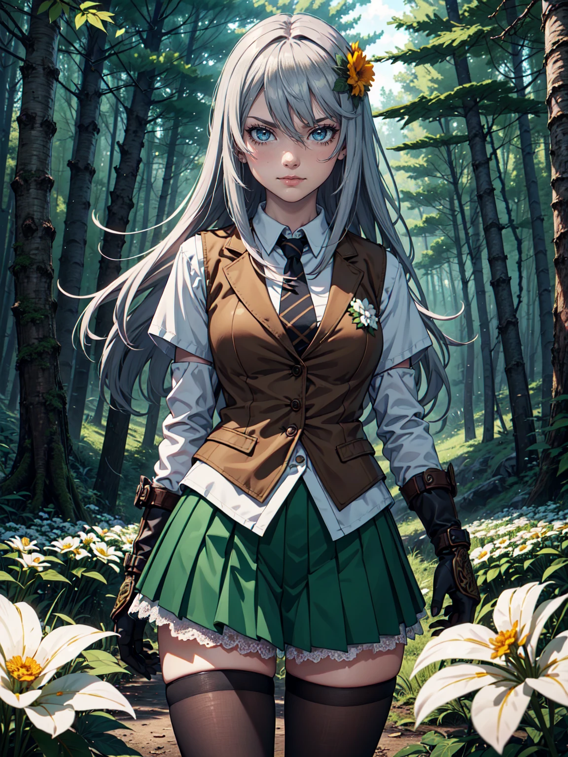 Ultra High Definition, Ultra High Quality, Hyper Definition, Hyper Quality, Hyper Detailed, Extremely Detailed, Perfectly Detailed, 8k, 1 Anime Female, Female Heroic Pose,  Long Silver Hair, Women's Brown Vest, shirt, Green Skirt,  Tights, Gloves, Solid Green Eyes,  Smirk Expression, White Flower Barrette, Dressed in school  , Forest Panoramic Background
