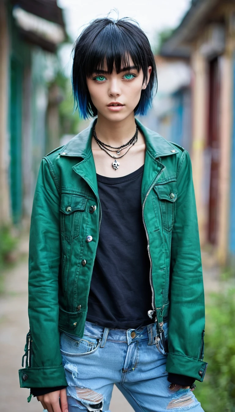 1 girl, a daring and cute tomboy, youthful appearance , small breasts, Black hair with blue highlights, short hair, bangs in one eye, green eyes, on open air, Black jacket, Necklace, T-shirt with a skull, jeans