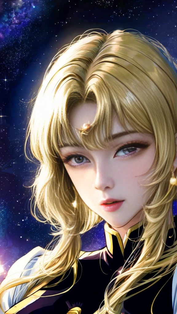top-quality, 8K, ultra-detailliert, Woman with short hair in cutout leotard , the sailor galaxia. Beautiful, inspired by Sakai Hōitsu, Portrait Space Cadet Woman, princess intergalactica, inspired by Li Chevalier, Blonde woman with long hair, marisa kirisame, inspired by INO, stars in her gazing eyes, Space Dandy Style, ((close-up of face)), cleavage, large breasts, sexy, seductive,
blush, 