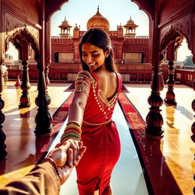 Indain girl,  ultra detailed, highres, masterpiece, by_style, bf_holding_hands, Indian girl holding hands with viewer,  walking in the Taj Mahal, atmosphere, soft lighting, warm colors, embrace, affectionate, gentle touch, intimate moment, happiness, smiles, blissful,loving gaze,deep connection, heartwarming, dreamy background,