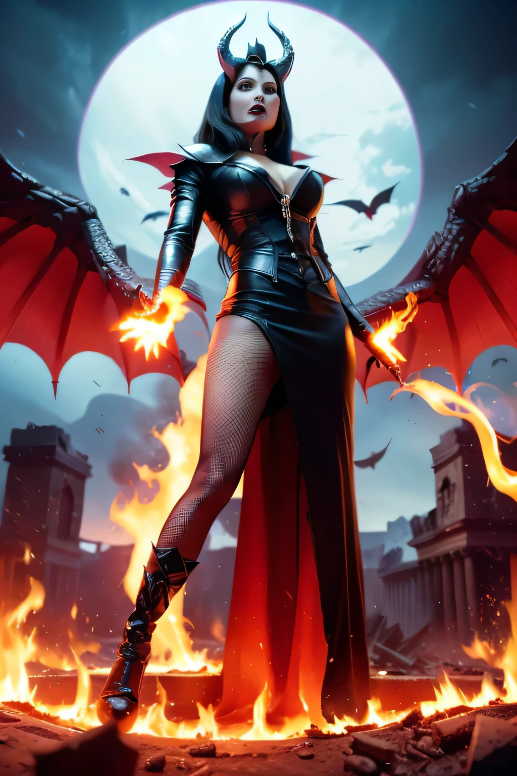 Ultra-detailed Lisa Ann stands atop a pile of burning ruins, Her diabolical and insidious presence radiating from her dark crown and black and red evil queen dress........ Her demon wings on her back and demon horn give her an invincible aura as she unleashes a powerful wave of destruction with a single gesture..............