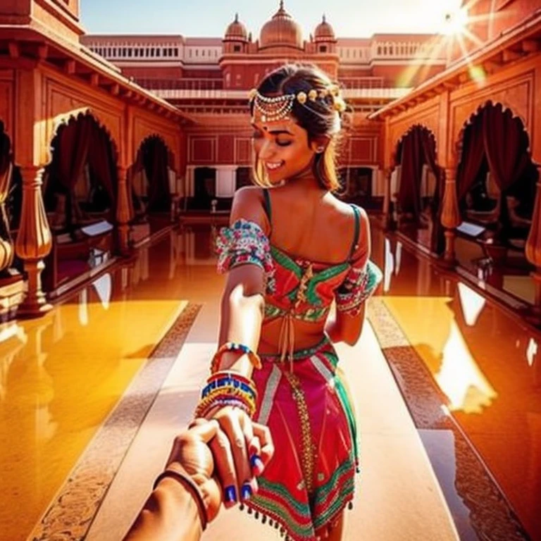 Indain girl,  ultra detailed, highres, masterpiece, by_style, bf_holding_hands, Indian girl holding hands with viewer,  walking in the Taj Mahal, atmosphere, soft lighting, warm colors, embrace, affectionate, gentle touch, intimate moment, happiness, smiles, blissful,loving gaze,deep connection, heartwarming, dreamy background,