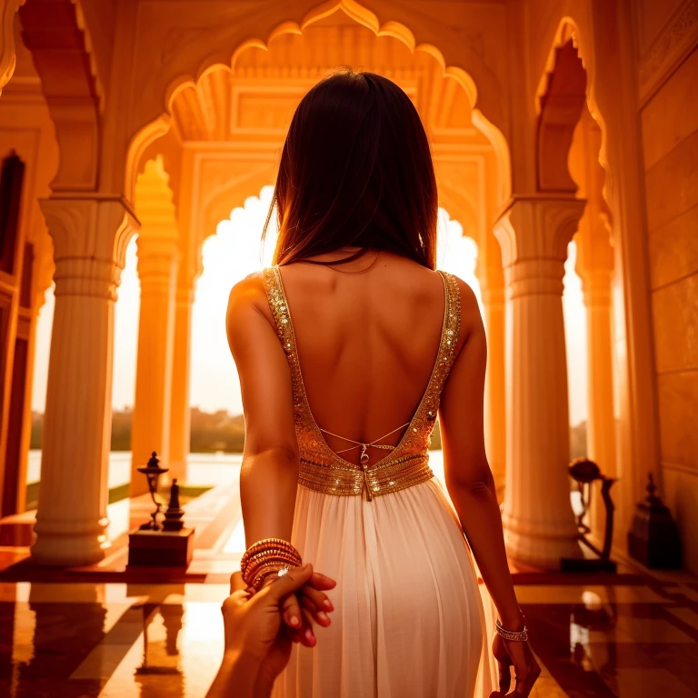 Indain girl,  ultra detailed, highres, masterpiece, by_style, bf_holding_hands, Indian girl holding hands with viewer,  walking in the Taj Mahal, atmosphere, soft lighting, warm colors, embrace, affectionate, gentle touch, intimate moment, happiness, smiles, blissful,loving gaze,deep connection, heartwarming, dreamy background,