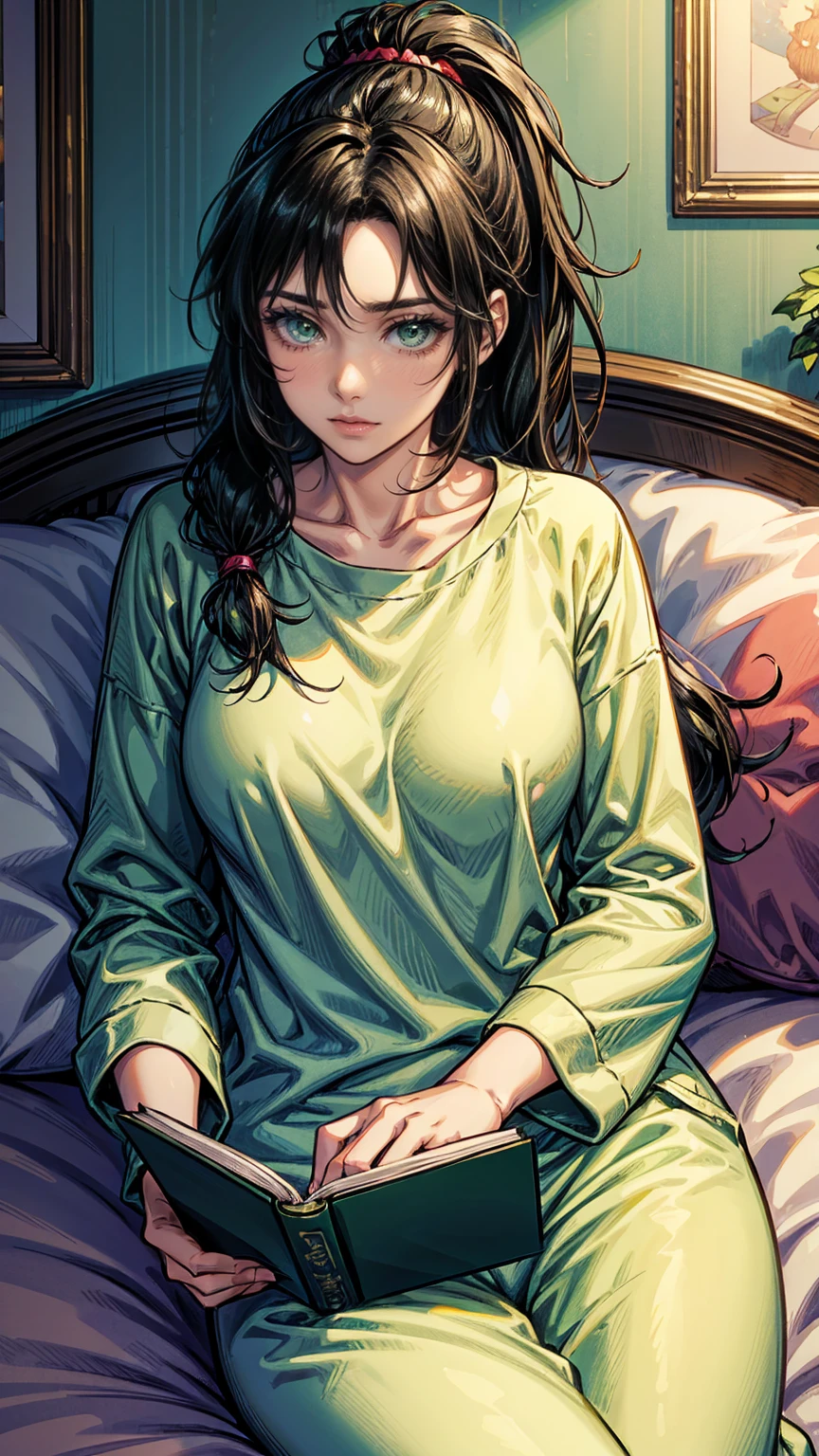 young woman with green eyes and black hair, gathered in a ponytail, works as a nanny. She reads a book to many cute boys and girls with different hair colors.. They&#39;re all in fluffy pajamas. cozy atmosphere, anime illustration