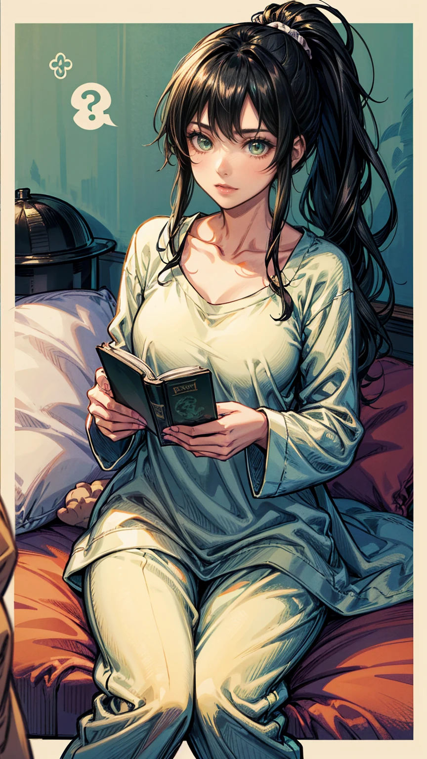 young woman with green eyes and black hair, gathered in a ponytail, works as a nanny. She reads a book to many cute boys and girls with different hair colors.. They&#39;re all in fluffy pajamas. cozy atmosphere, anime illustration