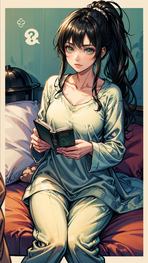young woman with green eyes and black hair, gathered in a ponytail, works as a nanny. She reads a book to many cute boys and gir...