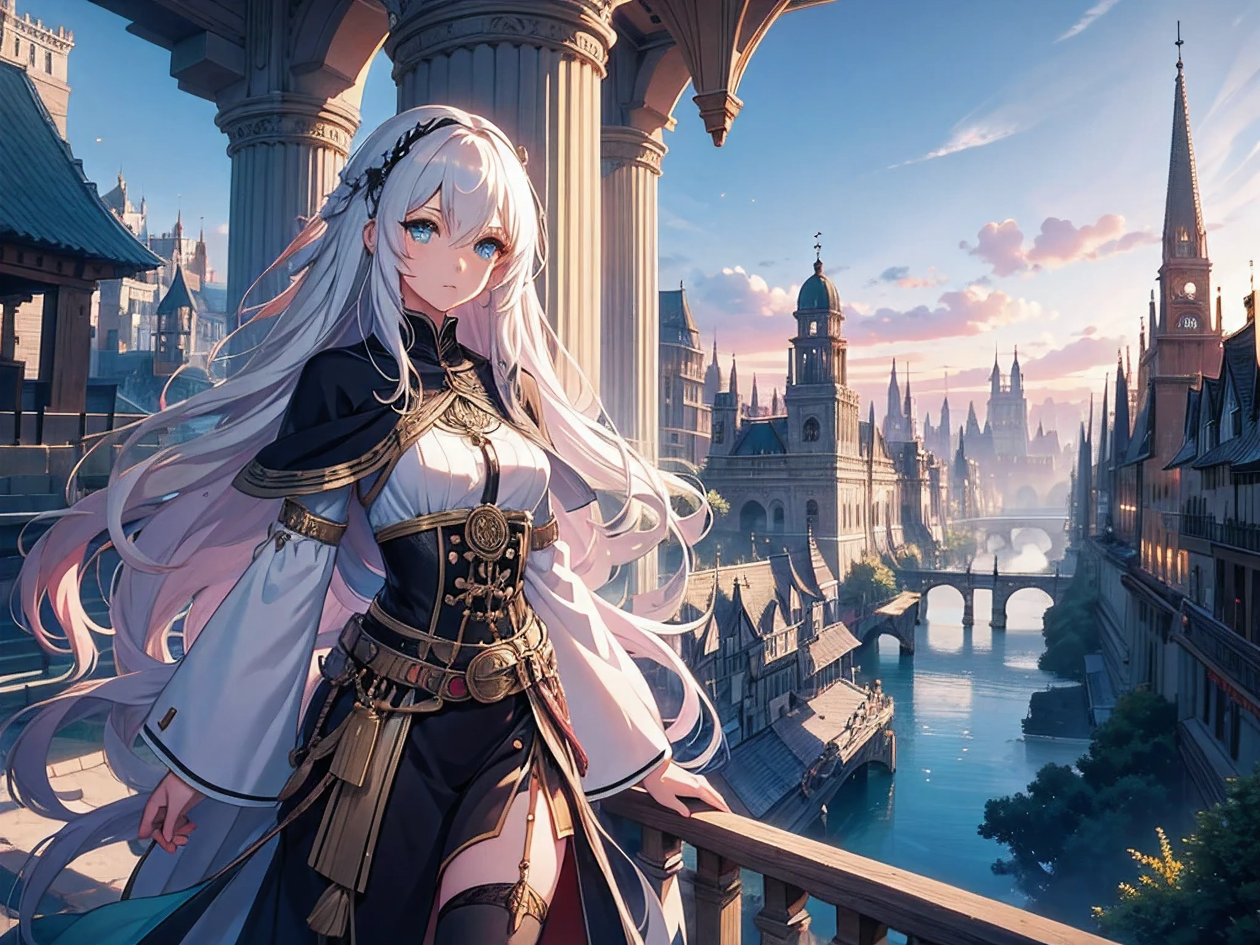 anime girl with long white hair sitting on a ledge looking at a city, 2. 5 d cgi anime fantasy illustrations, anime fantasy illustrations, anime fantasy illustration, Android girl in Egyptian ruins, beautiful fantasy anime, High quality 8K detailed art, In front of a fantasy city, a beautiful fantasy empress, artwork in the style of guweiz, 4K anime style
