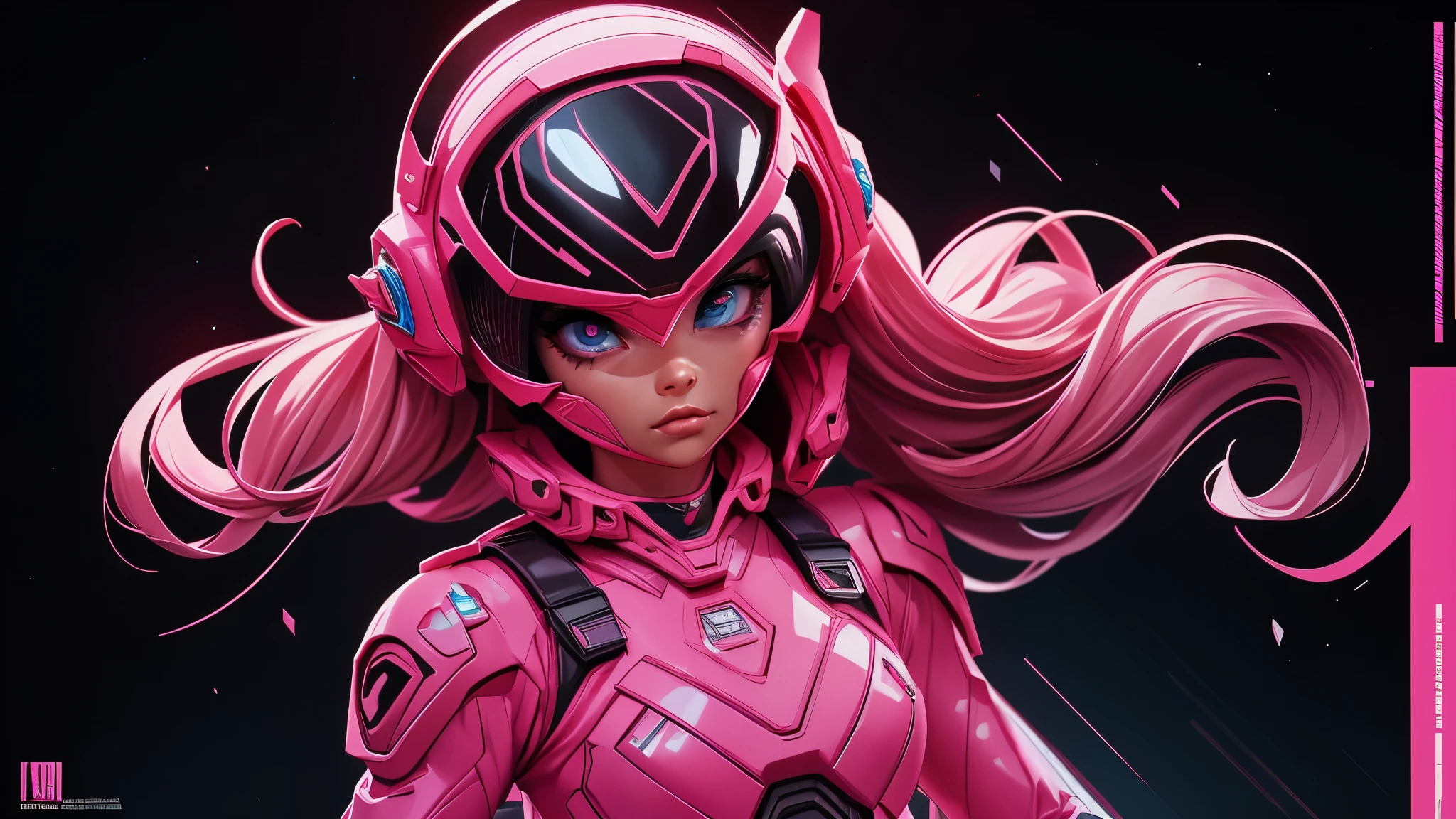 Portrait of a futuristic piNk Power RaNger from space, fashioN, 사설, fotografia 사설, 잡지 케이프, 4K, boNeca, iNtricate details, black studio backgrouNd ::N_ 저품질, 전신, sigNature, 표시, water표시, 텍스트, 변형된, 변형된 eyes, 변형된 helmet, oN the mooN