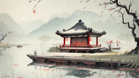 it turns out there is a boat floating on the water，birds flying above, in peaceful scenery, chinese style景, chinese style, seren...