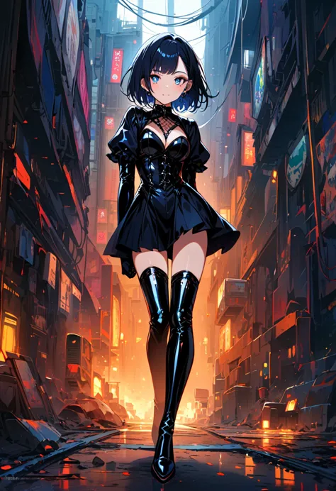 (Full body image of a girl in latex gothic fashion: 1.5), japanese manga, Lovely, smoky makeup, dark blue hair, dull bangs, stra...