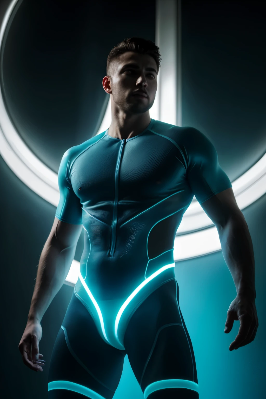 30 years old man, stubble, wearing transparent see-through futuristic clothes, breathtaking grandeur, LED internal lighting, cyberpunk style, fibre optic hair, glowing blue iris, muscular, best quality, masterpiece, intricate details, dynamic pose, dynamic angle, (surreal), (illustration), ((oil painting \(medium\):1.2)), sharp focus, soft lighting, vibrant colors, cinematic photography, dynamic angle, volumetric lighting, film grain, hard shadows