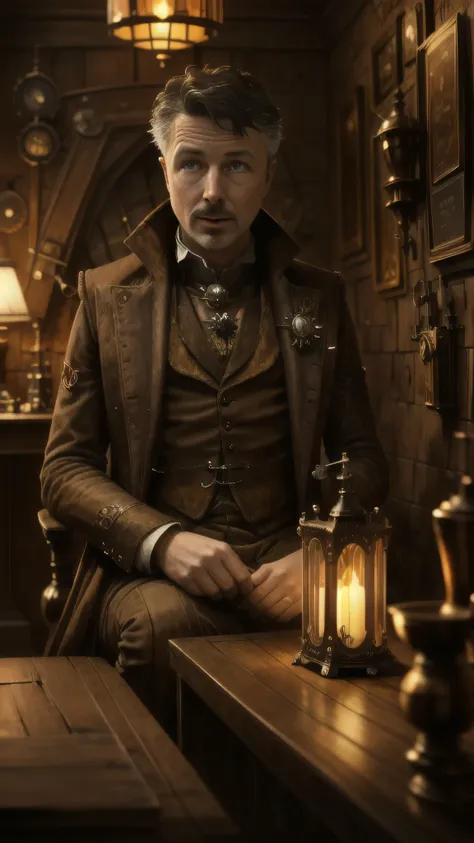 steampunkai, ((aidan gillen)) as petyr baelish, steampunk pimp, sitting in front of steampunk table, in a steampunk bedroom, ste...