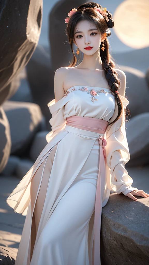 hanfu-song, hanfu, Song Theme, Bandeau style, Pipe top, ((bare shoulders)), ((whole body)), actual, Fashion girl, red lips, adult, cosmetics, big eyes, fair eyes, ((whole body)), ((from below)), (best quality, masterpiece:1.2), super detailed, (actual:1.37), ((Sexy long legs)), fair, young and energetic, Charming model with (exquisite eyes, delicate lips, extremely exquisite eyes), Show a bright smile, Create stunning girl images, Warm colors, Extremely high color saturation, official art, Extremely detailed CG unified 8K wallpaper,(high dynamic range :1.4), (cinematic),(pastel colors, The color is dull, soothing tone :1.3), (natural skin texture, ultra-actual, soft light, sharp),(Very detailed), night, moonlight, ((in mountains, plant, Leaning against the rocks))