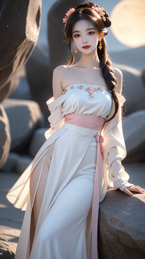 hanfu-song, hanfu, song theme, bandeau style, pipe top, ((bare shoulders)), ((whole body)), actual, fashion girl, red lips, adul...