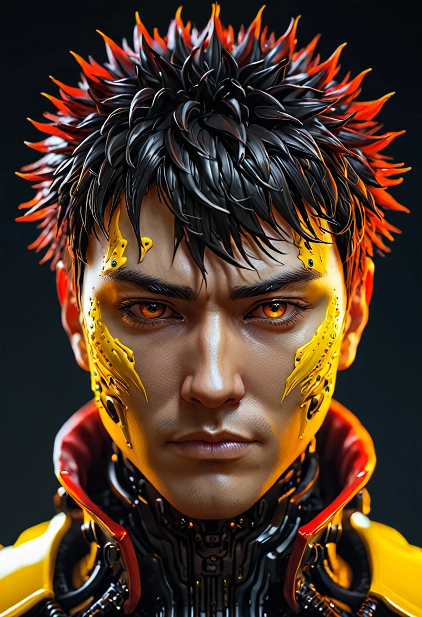 Cyberpunk guy, A close-up portrait of a character made out of ferrofluid. Red and yellow colors dominate the composition. Inspired by the work of Qiu Ying.
