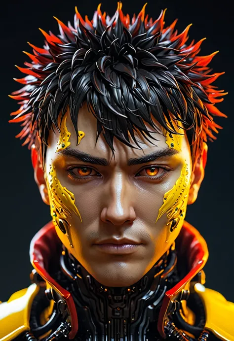 cyberpunk guy, a close-up portrait of a character made out of ferrofluid. red and yellow colors dominate the composition. inspir...