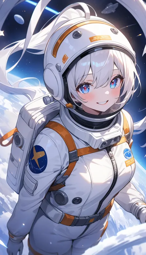 (highest quality、masterpiece、High resolution、detailed)､(Shining eyes、detailed beautiful face)､Beautiful ponytail anime girl, ,(space flight士), (Spacesuit helmet:1.3)、Extravehicular Activity Unit、Beautiful anime in space suits, outer space, white haired god...