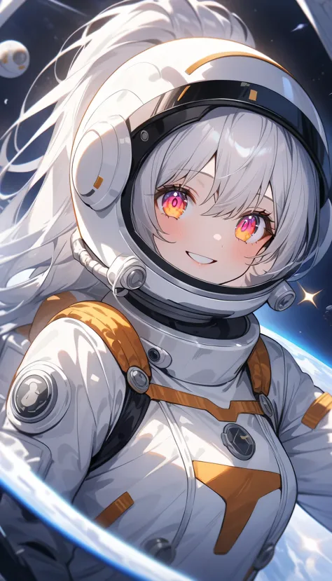(highest quality、masterpiece、High resolution、detailed)､(Shining eyes、detailed beautiful face)､Beautiful ponytail anime girl, ,(space flight士), (Spacesuit helmet:1.3)、Extravehicular Activity Unit、Beautiful anime in space suits, outer space, white haired god...