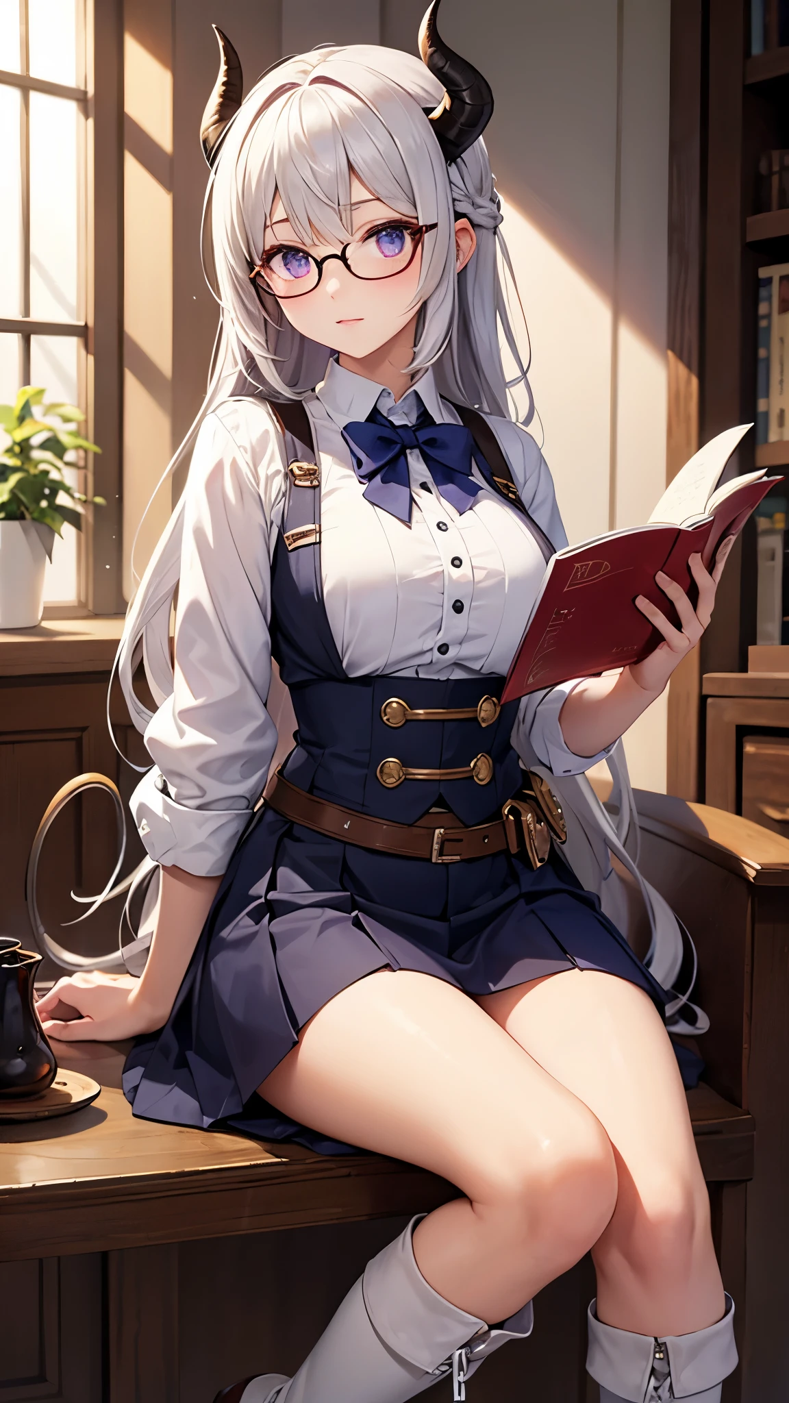 (Masterpiece, best quality), detailed, (medieval magic academy uniform, glasses, reading glasses, white boots), athletic, busty, demon, demon girl, detailed beautiful purple eyes, detailed face, white hair and white skin, braided ponytail, demon horns, full of details.