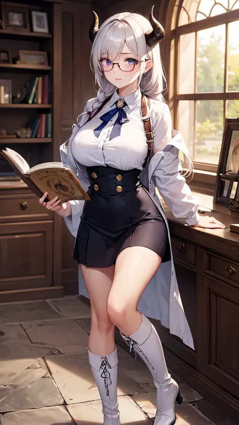 (Masterpiece, best quality), detailed, (medieval magic academy uniform, glasses, reading glasses, white boots), athletic, busty,...