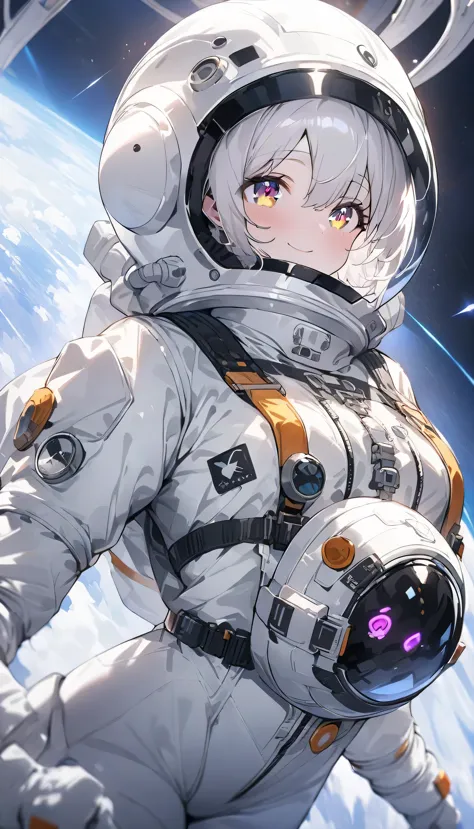 (highest quality、masterpiece、High resolution、detailed)､(Shining eyes、detailed beautiful face)､Beautiful short hair anime girl, ,(space flight士), (Spacesuit helmet:1.3)、Extravehicular Activity Unit、Beautiful anime in space suits, outer space, white haired g...