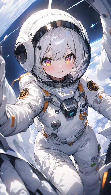 (highest quality、masterpiece、High resolution、detailed)､(Shining eyes、detailed beautiful face)､Beautiful short hair anime girl, ,(space flight士), (Spacesuit helmet:1.3)、Extravehicular Activity Unit、Beautiful anime in space suits, outer space, white haired g...