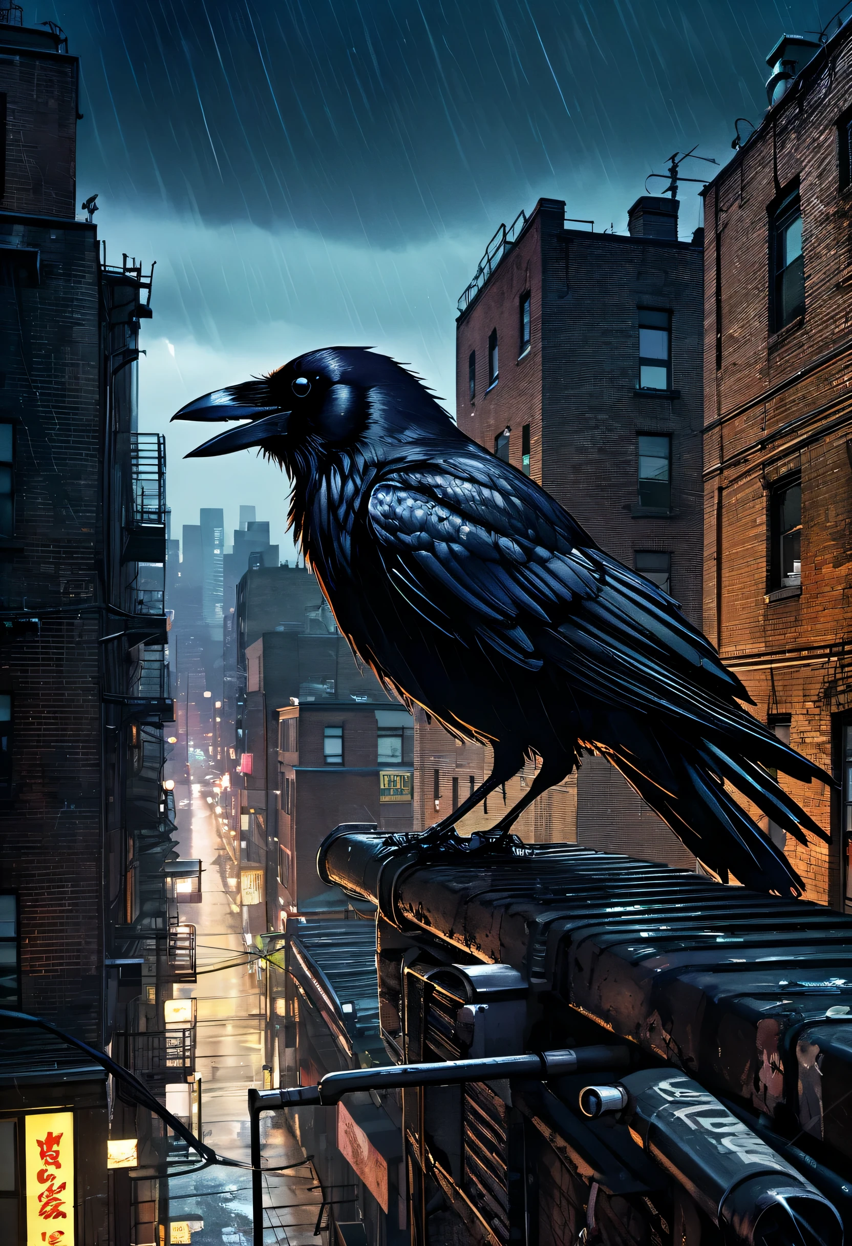 Crow, Urban Explorer, perched on a weathered rooftop, overlooking a bustling cityscape, holding a shiny object in its beak, gazing intently, with a hint of mischievousness in its eyes. Urban alleyway, street art murals, tagged graffiti, scattered trash, fire escapes, rusty pipes, broken windows, glowing neon signs, distant police sirens, drizzling rain. Gritty, urban, eerie, a touch of noir. Low-angle shot, harsh lighting, grainy texture, high contrast, shallow depth of field, dark vignetted edges