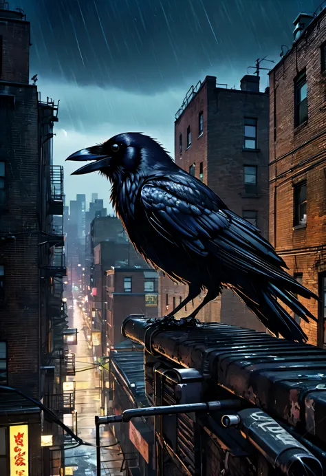 Crow, Urban Explorer, perched on a weathered rooftop, overlooking a bustling cityscape, holding a shiny object in its beak, gazi...