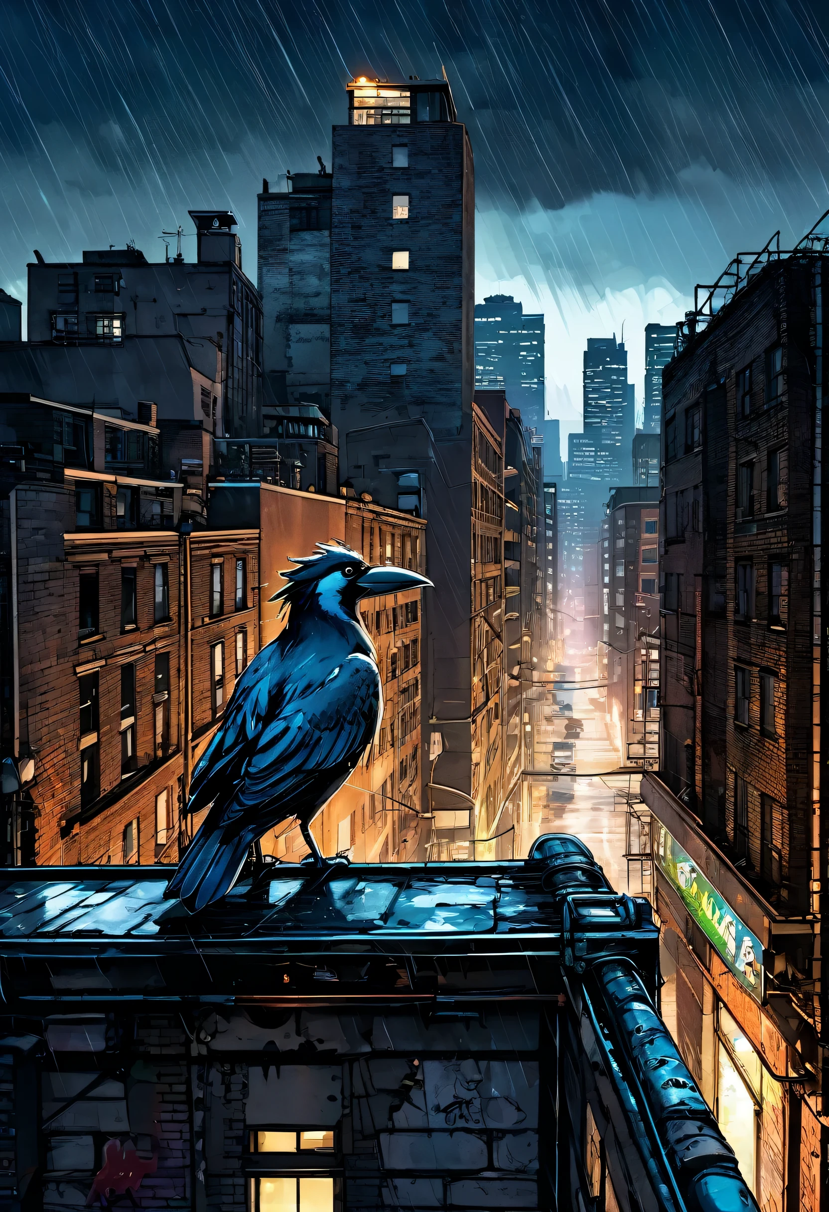 Urban Explorer, perched on a weathered rooftop, overlooking a bustling cityscape, holding a shiny object in its beak, gazing intently, with a hint of mischievousness in its eyes. Urban alleyway, street art murals, tagged graffiti, scattered trash, fire escapes, rusty pipes, broken windows, glowing neon signs, distant police sirens, drizzling rain. Gritty, urban, eerie, a touch of noir. Low-angle shot, harsh lighting, grainy texture, high contrast, shallow depth of field, dark vignetted edges