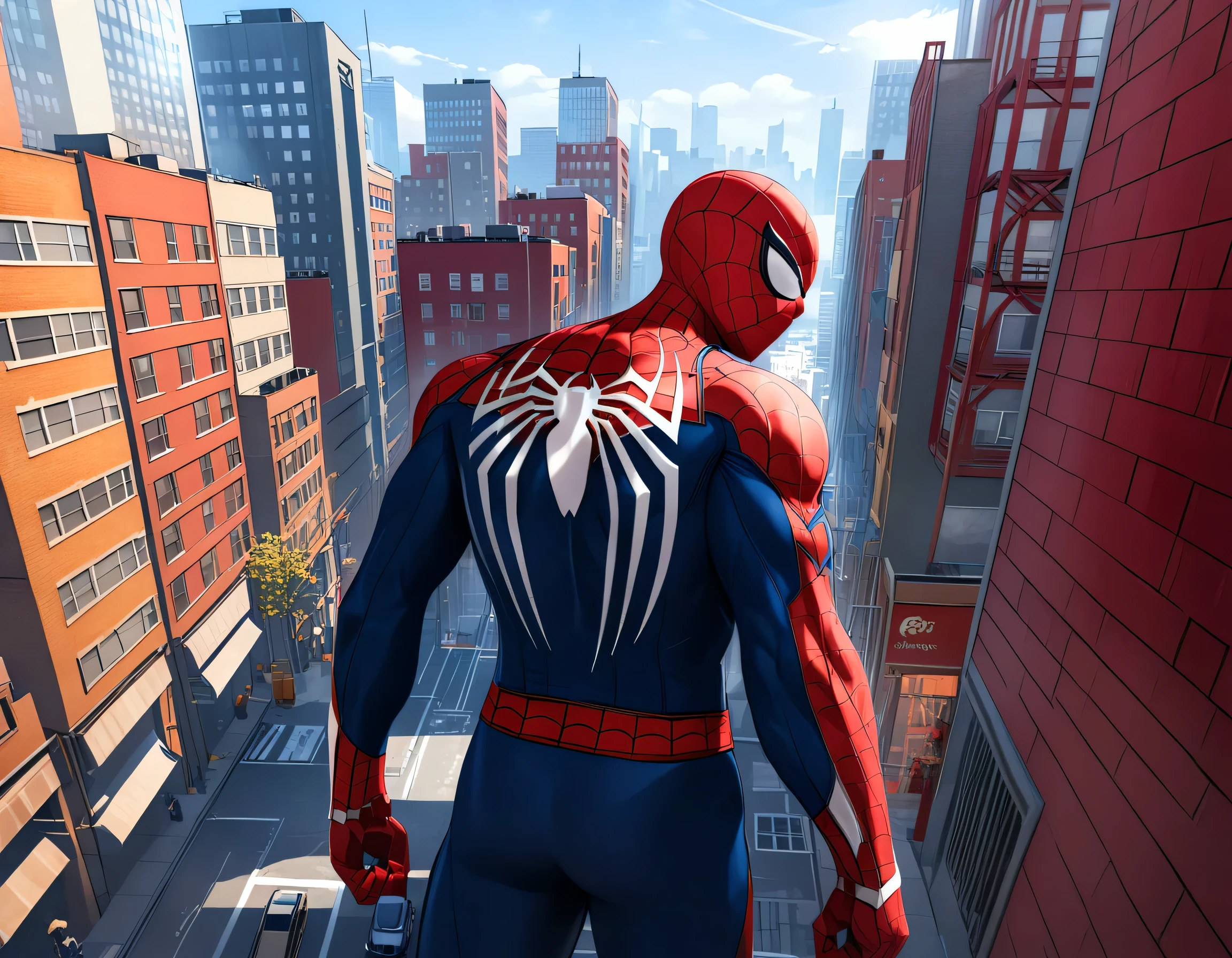 (best quality,4k,highres,masterpiece:1.2),ultra-detailed,(realistic:1.37),1boy,red bodysuit,solo,sitting in a balcony,viewed from behind,upper body,looking away from viewer,reading newspaper,mask,spider web print