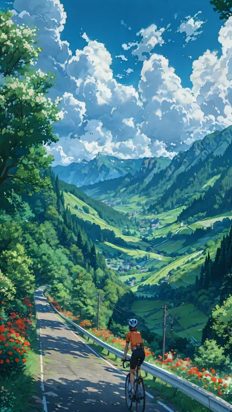 there is a man riding a bike down a road with a mountain in the background, anime countryside landscape, beautiful anime scene, ...