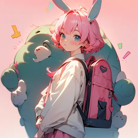 ((best quality)), ((masterpiece)), (detailed), perfect face,normal hand,bunny ears,pink hair,Magic Style,skirt,Large backpack,(b...