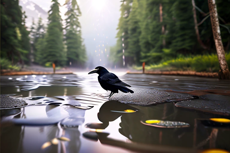 #quality(8k wallpaper of extremely detailed CG unit, ​masterpiece, hight resolution, top-quality, top-quality real texture skin,hyper realisitic, digitial painting,increase the resolution,RAW photos，best qualtiy,highly detailed,the wallpaper),BREAK,#crow head(full body,bathe,beautiful black feathers,shiny feathers,head close up shot,feather repelling water),#background(,in beautiful forest,dappled sunlight,raining),(head close up shot:2.0)