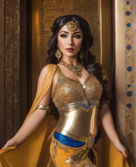 arabian woman in gold dress posing inside a building, ローマのgoddess, ギリシャのgoddess, 美しいgoddess, in costume, 黄金のgoddess, she is dres...