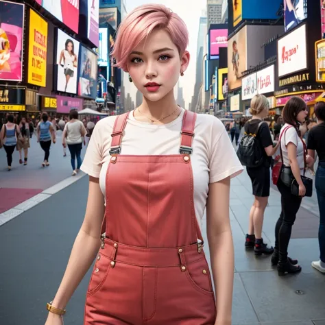 Suspender jeans(masterpiece, best quality:1.2), Very short hair, alone，Pale pink，Light rouge makeup（（（Short hair）））（minor）master...