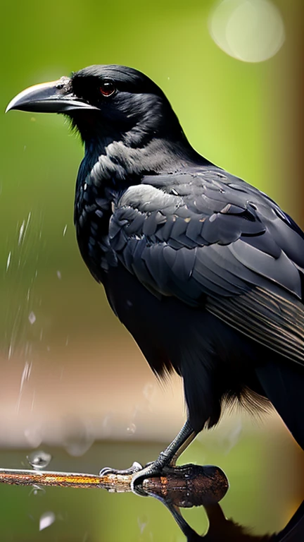 #quality(8k wallpaper of extremely detailed CG unit, ​masterpiece, hight resolution, top-quality, top-quality real texture skin,hyper realisitic, digitial painting,increase the resolution,RAW photos，best qualtiy,highly detailed,the wallpaper),BREAK,#crow head(full body,bathe,beautiful black feathers,shiny feathers,head close up shot,feather repelling water),#background(,in beautiful forest,dappled sunlight,raining),(head close up shot:2.0)