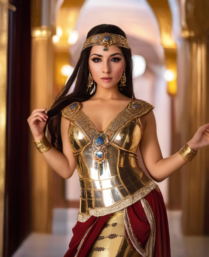 Arabian woman in gold dress posing inside a building, ローマのgoddess, ギリシャのgoddess, 美しいgoddess, in costume, 黄金のgoddess, she is dressed as a belly dancer, egyptian princess, dressed in roman clothes, goddessの女王, persian queen, Elegant and glamorous cosplay, princess of persia, arabian princess, 若いgoddess, インドのgoddess, goddess, gorgeous woman, beautiful costume